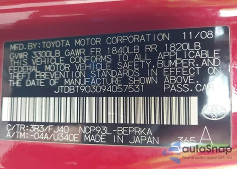 2009 Toyota Yaris z USA, uszkodzony, nr VIN JTDBT903094057531